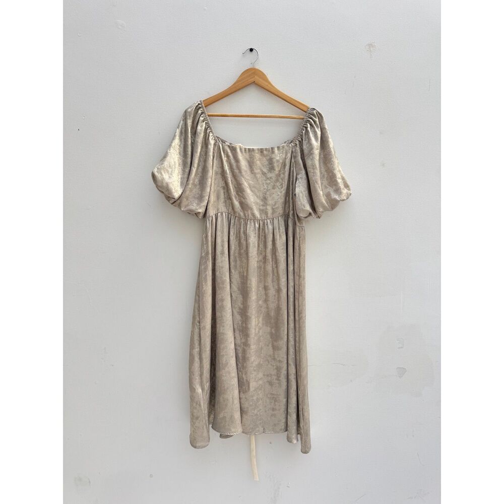 Celadon Gold Shimmery Puff Sleeve Midi Dress W/ Lace-Up Corset Back Size L